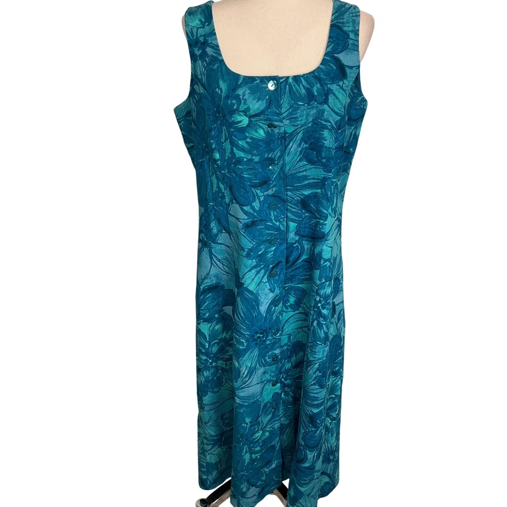 Coldwater Creek Sundress Womens 14 Teal Floral Tonal Maxi Linen Tropical Coastal